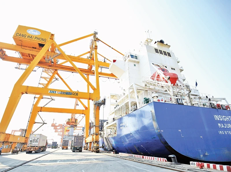 Loading and unloading import and export goods at Hai Phong Port. (Photo: Duy Linh)