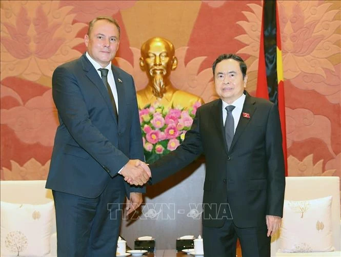 National Assembly Chairman Tran Thanh Man (R) and Tolstoy Petr Olegovich, Deputy Chairman of Russia’s State Duma (lower house) at their meeting in Hanoi on July 25. (Photo: VNA)