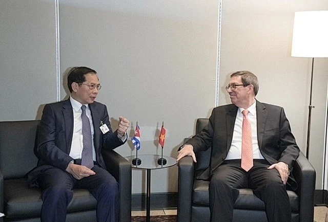 Deputy PM and FM Bui Thanh Son (left) talks to Cuban FM Bruno Rodriguez in New York on September 22. (Photo: VNA)