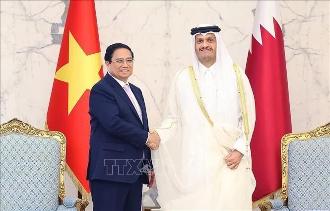 PM Pham Minh Chinh (L) and his Qatari counterpart Mohammed bin Abdulrahman bin Jassim Al Thani (Photo: VNA)