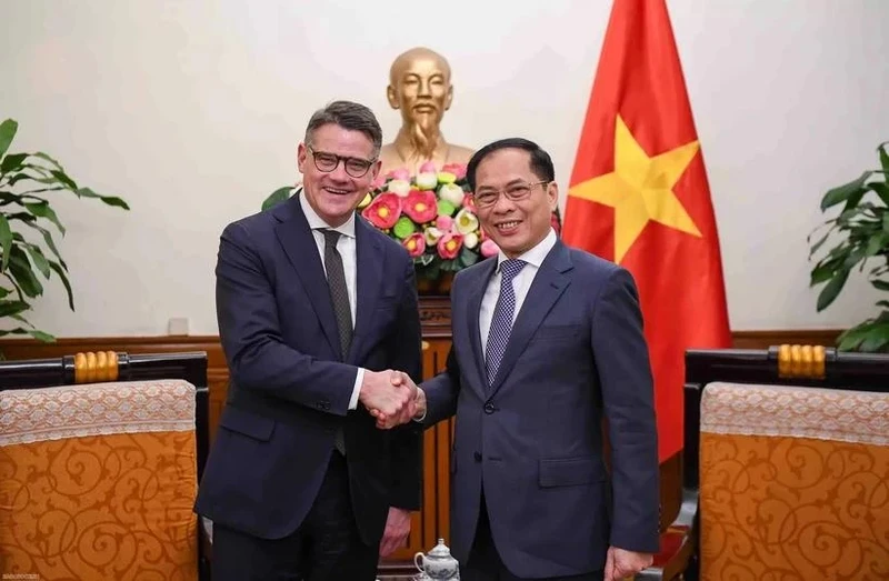 Deputy Prime Minister and Minister of Foreign Affairs Bui Thanh Son (R) receives Minister-President of Germany’s State of Hesse Boris Rhein. (Photo: VNA)