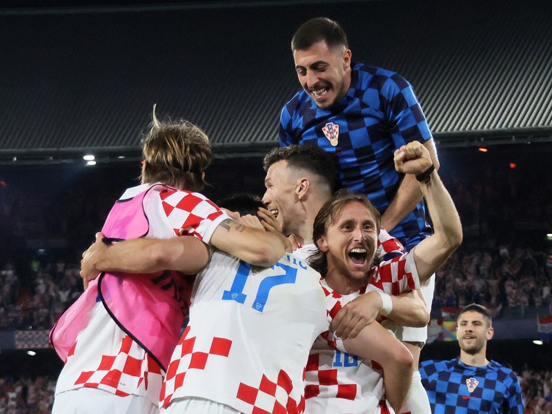 Soccer Football - UEFA Nations League - Semi Final - Netherlands v Croatia - Feyenoord Stadium, Rotterdam, Netherlands - June 14, 2023 Croatia's Luka Modric celebrates scoring their fourth goal with teammates. (Photo: Reuters)