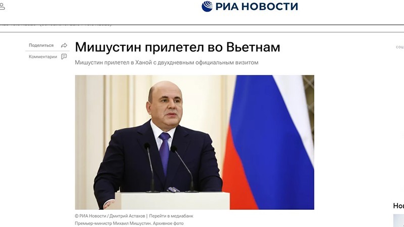 RIA Novosti news agency reports on Prime Minister Mikhail Mishustin's official visit to Vietnam. (Screenshot)