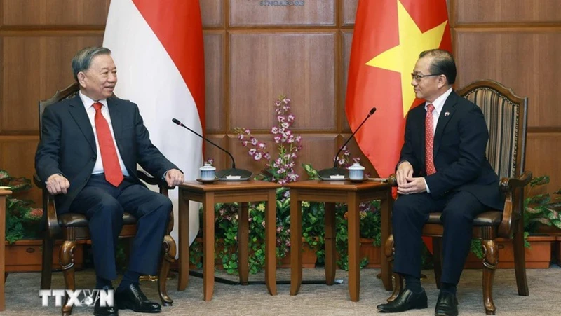 Party General Secretary To Lam (L) meets with Speaker of the Parliament of Singapore Seah Kian Peng (Photo: VNA) 