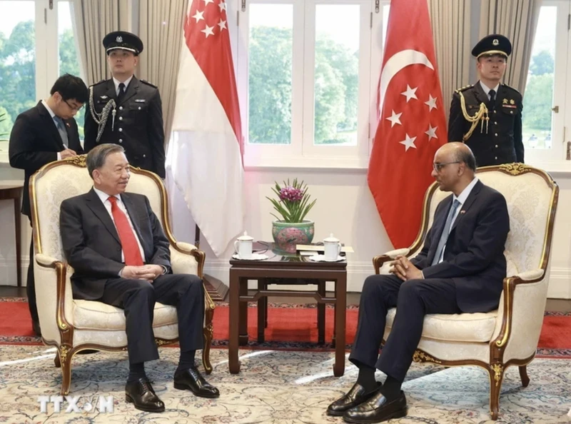 General Secretary of the Communist Party of Vietnam Central Committee To Lam (left) meets with Singaporean President Tharman Shanmugaratnam on March 12. (Photo: VNA) 