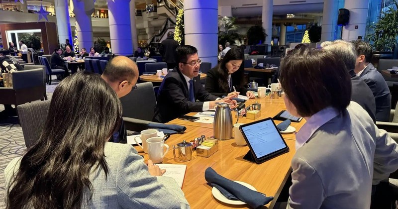 Minister of Industry and Trade Nguyen Hong Dien (centre) at a meeting with Singapore’s Deputy Prime Minister and Minister for Trade and Industry Gan Kim Yong (Photo: VNA)