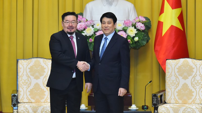 State President Luong Cuong (R) hosts Chairman of the Presidential Office of Mongolia Gombojav Zandanshatar in Hanoi on January 13. (Photo: NDO)