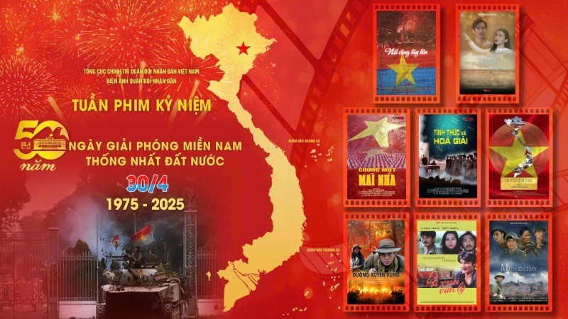A poster introduces the film week commemorating the 50th anniversary of the Liberation of the South and National Reunification, as organised by the People's Army Cinema.