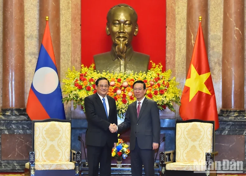 President Vo Van Thuong (R) meets with Lao Prime Minister Sonexay Siphandone.