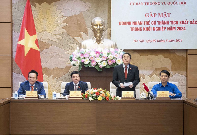 Vice Chairman of the National Assembly (NA) Nguyen Duc Hai speaks at a meeting with young entrepreneurs with outstanding startup results in 2024 in Hanoi on August 9 (Photo: quochoi.vn)