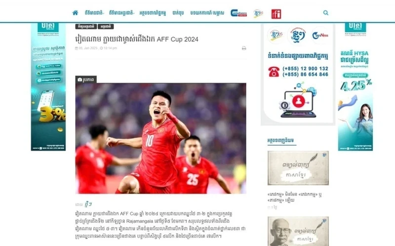 An article of Vietnam’s victory at the ASEAN Cup 2024 on Thmey Thmey (Photo: VNA)