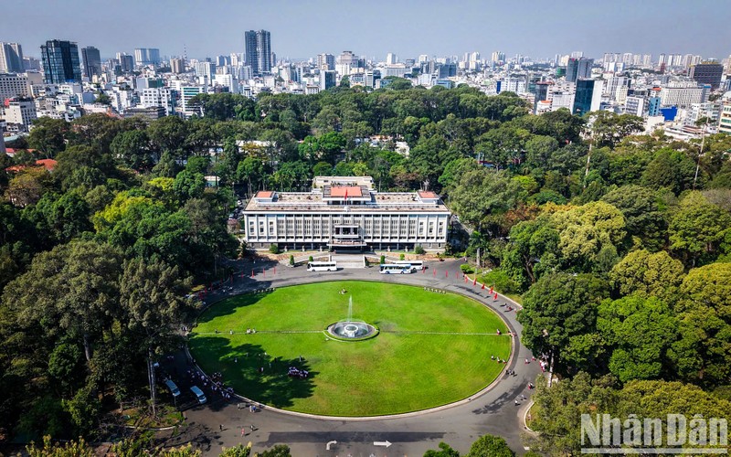 An aerial view of the Independence Palace in April 2025
