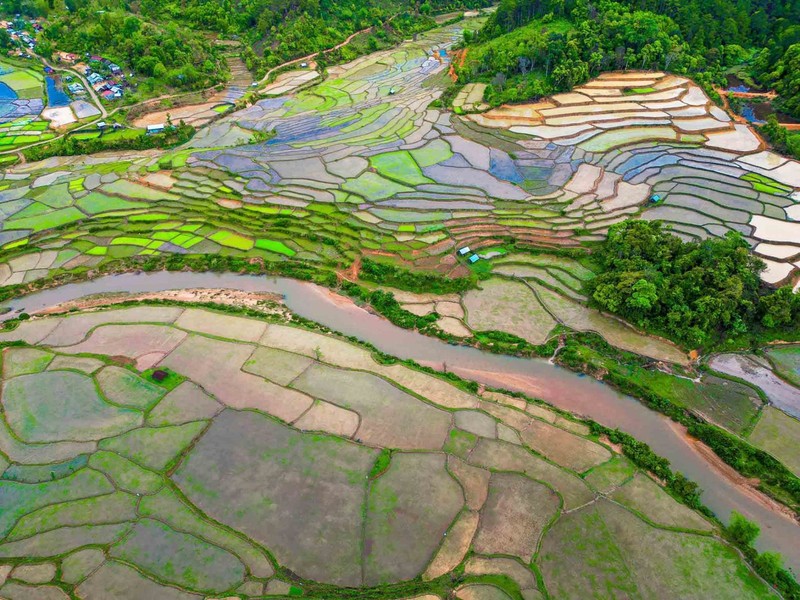 Nuoc Long Stream, winding through the terraced fields, provides water and fertile soil for farming (Photo: thesaigontimes.vn)