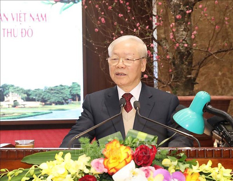 Party General Secretary Nguyen Phu Trong speaks at the meeting with the Party organisation, administration and people of Hanoi (Photo: VNA)