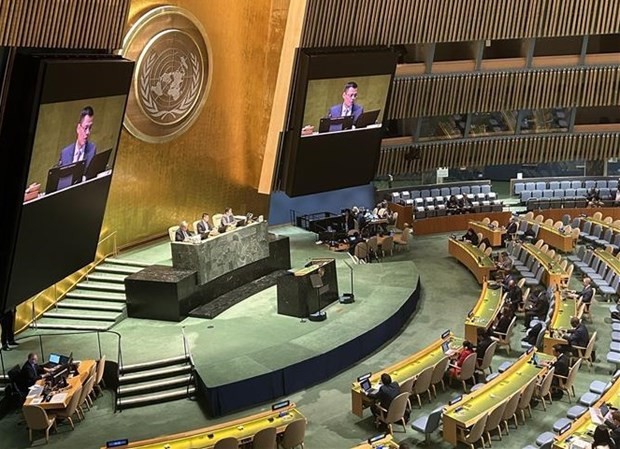 Ambassador Dang Hoang Giang, Vietnam’s Permanent Representative to the United Nations (UN), and Vice-President of the UN General Assembly chairs the meeting to discuss and approve the Resolution. (Photo: VNA)