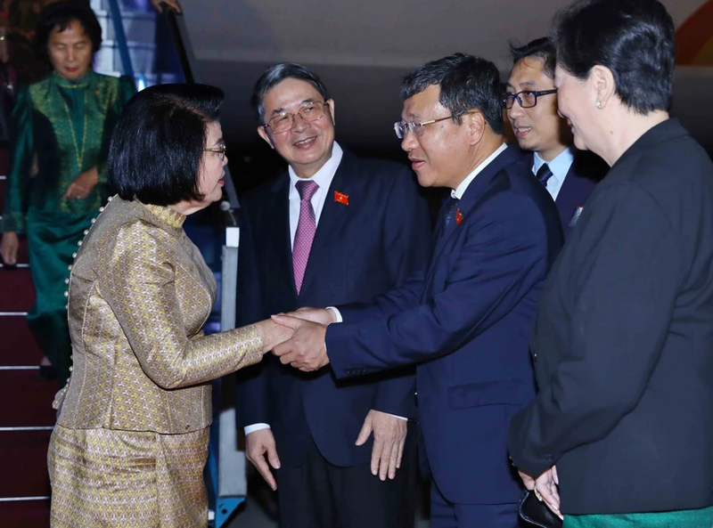 NA Vice Chairman Nguyen Duc Hai welcomes Cambodian NA President Samdech Khuon Sudary at Noi Bai international airport (Photo: VNA)