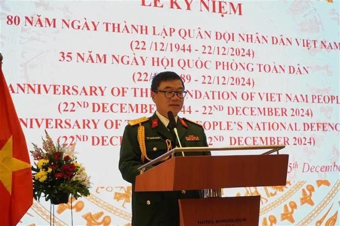 Defence Attaché in Indonesia Colonel Nguyen Tuan Duc speaks at the celebration in Jakarta. (Photo: VNA)