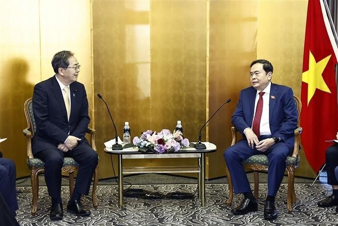 National Assembly Chairman Tran Thanh Man (R) meets with Saito Tetsuo, Chief Representative of Komeito Party in Tokyo on December 6 (Photo: VNA)