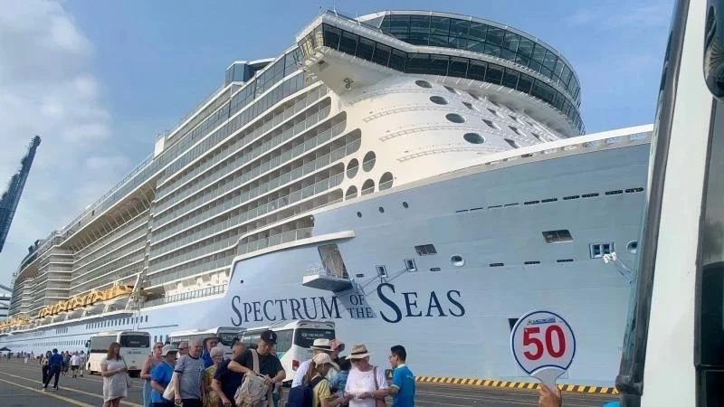 The international cruise ship Spectrum of the Seas carrying more than 4,000 multinational tourists docks at Tan Cang-Cai Mep port, Phu My Town (Ba Ria-Vung Tau), on the morning of February 20, 2024.