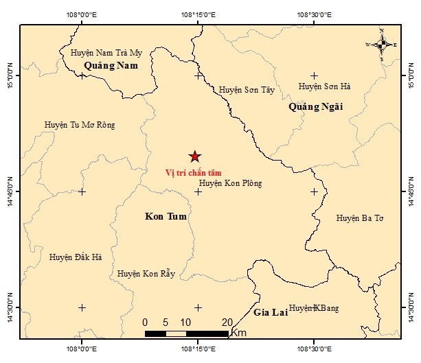 The epicentre of the 5.0-magnitude earthquake in Kon Plong District, Kon Tum Province.