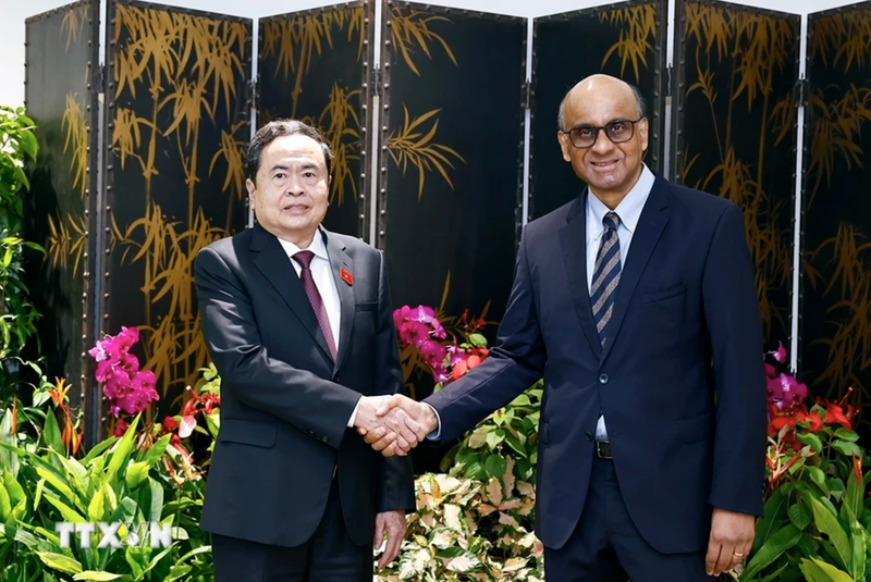 At the meeting between Vietnamese National Assembly Chairman Tran Thanh Man (L) and Singaporean President Tharman Shanmugaratnam on December 3. (Photo: VNA)