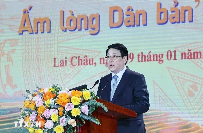 State President Luong Cuong speaks at the “Spring in border areas warms people's hearts” programme in Lai Chau on January 9. (Photo: VNA)