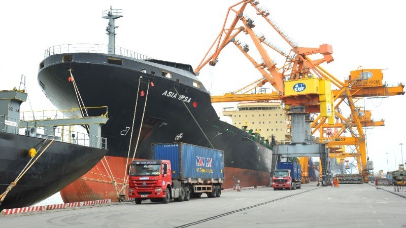 A ship docks at Hai Phong Port.