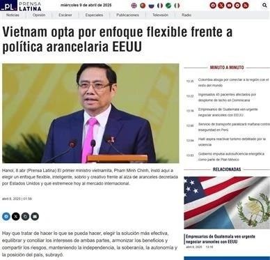 A screenshot of the Prensa Latina article on the Southeast Asian nation’s flexible approach to US tariffs. (Photo: VNA)