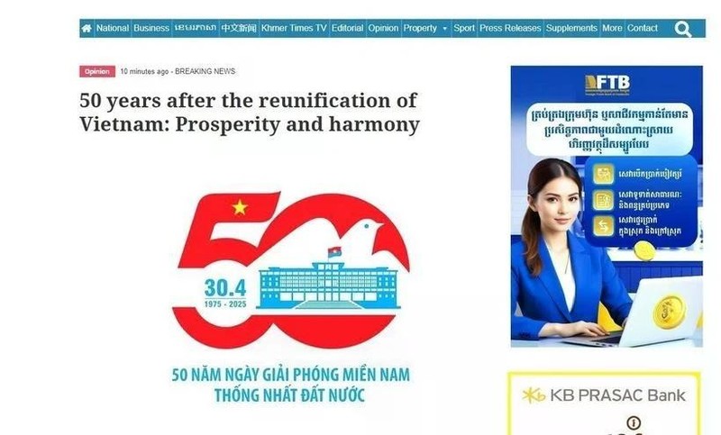 Dr Uch Leang'S editorial titled “50 years after the reunification of Vietnam: Prosperity and harmony” on Khmer Times (Photo: VNA)
