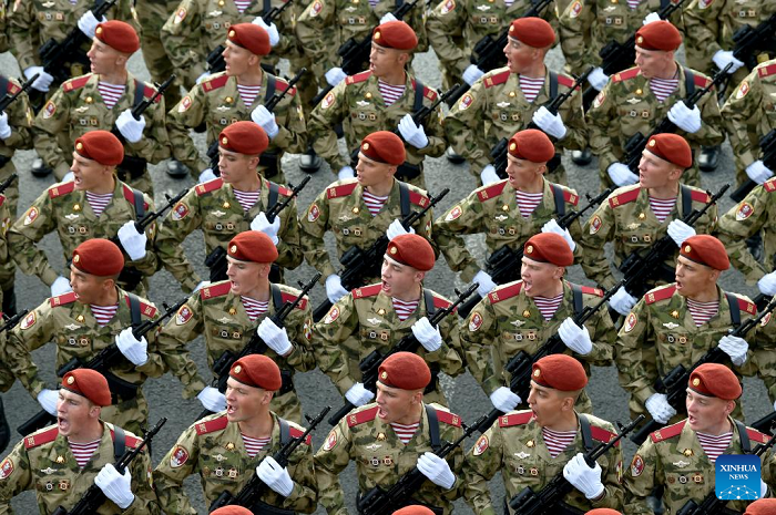 Soldiers prepare to attend a rehearsal for the Victory Day military parade, which marks the 80th anniversary of the Victory in the Soviet Union's Great Patriotic War, in Moscow, Russia, May 7, 2025. (Photo: Xinhua)