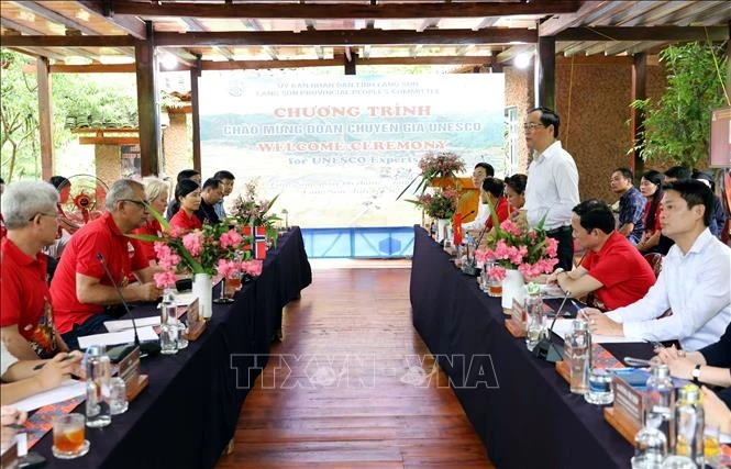 Deputy Chairman of the provincial People's Committee Duong Xuan Huyen speaks at the working session with the delegation (Photo: VNA)