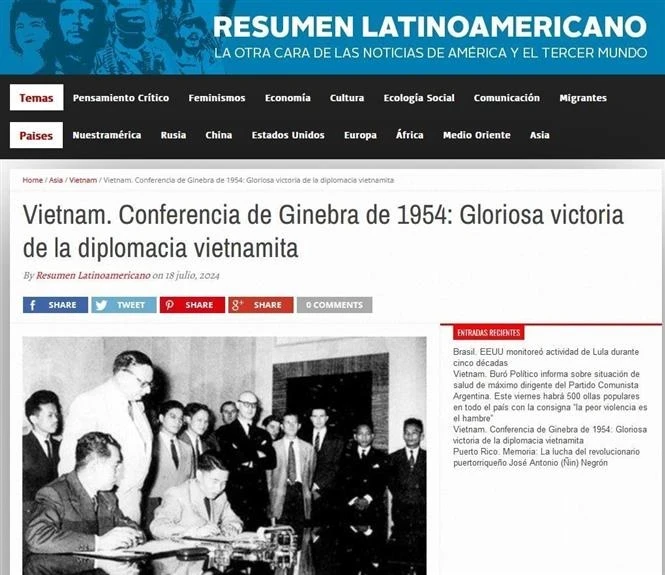 The article about the 1954 Geneva Agreement on the Cessation of Hostilities in Vietnam on Argentina’s Resumen Latinoamericano newspaper. (Photo: VNA)