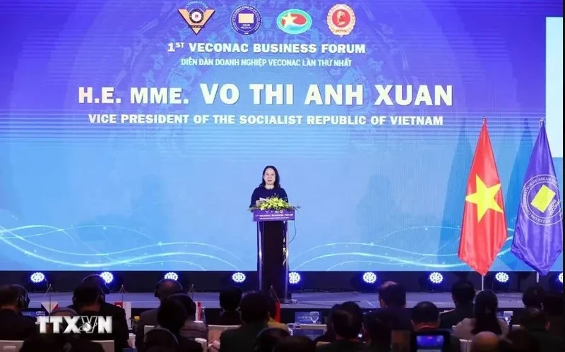 Vice State President of Vietnam Vo Thi Anh Xuan addresses the opening of the first Veterans Confederation of ASEAN Countries (VECONAC) Business Forum in Hanoi on October 25 (Photo: VNA)