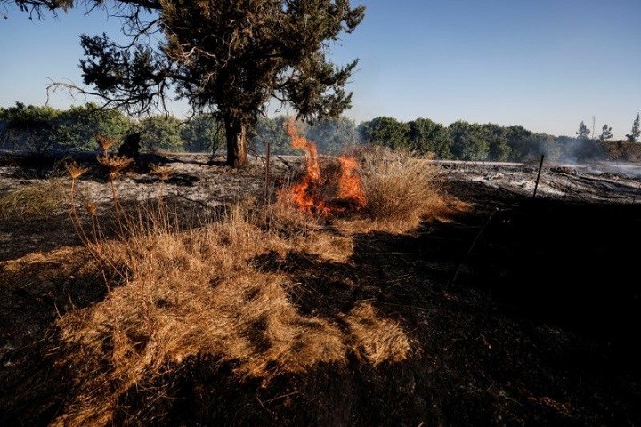 A field on fire is seen after Palestinians in Gaza sent incendiary balloons over the border between Gaza and Israel, Near Nir Am June 15,2021. (Photo: Reuters)
