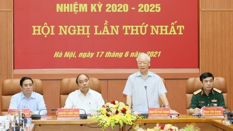 General Secretary Nguyen Phu Trong speaking at the first meeting of the Central Military Commission (2020-2025 tenure)