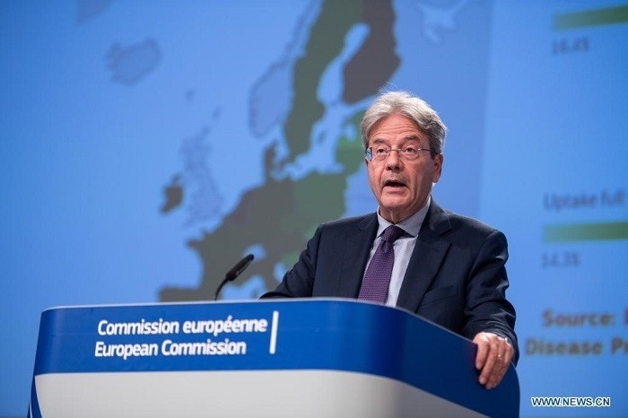 Paolo Gentiloni, European Commissioner for Economy, speaks during a press conference in Brussels, Belgium, on July 7, 2021. (European Union/Handout via Xinhua)