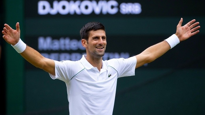 Tennis - Wimbledon - All England Lawn Tennis and Croquet Club, London, Britain - July 11, 2021   Serbia's Novak Djokovic celebrates after winning his final match against Italy's Matteo Berrettini. (Photo: Pool via Reuters)