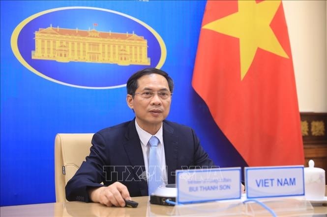 Foreign Minister Bui Thanh Son attends the virtual NAM Ministerial Meeting from Hanoi. (Photo: VNA)