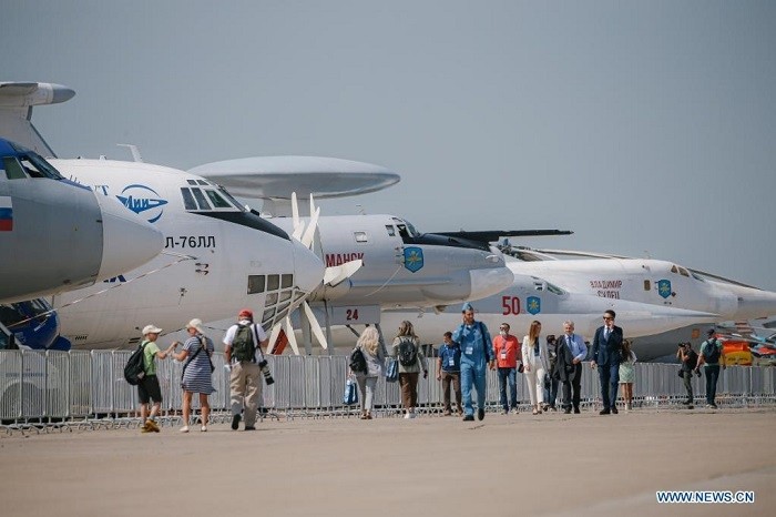 People visit the International Aviation and Space Salon (MAKS)-2021 in a Moscow suburb, Russia, on July 20, 2021. MAKS-2021 kicked off in a Moscow suburb on Tuesday. (Photo: Xinhua)