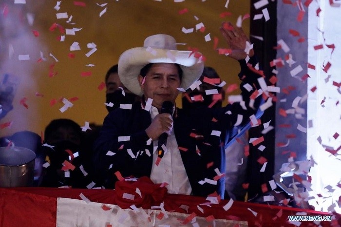Pedro Castillo waves to his supporters in Lima, Peru, July 19, 2021. (Str/Xinhua)