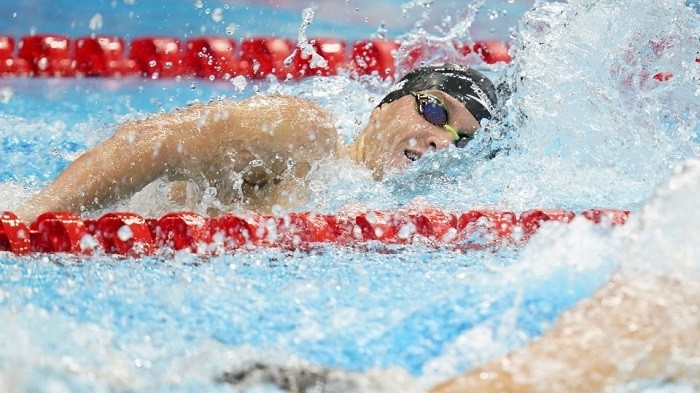 Jul 29, 2021; Tokyo, Japan; Robert Finke (USA) competes in the men's 800m freestyle final during the Tokyo 2020 Olympic Summer Games at Tokyo Aquatics Centre. (Photo: USA TODAY Sports)