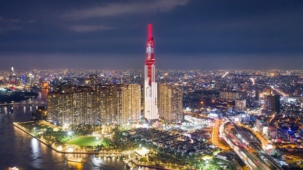 The Landmark81 in Ho Chi Minh City – Vietnam’s tallest building – will be lit up with the colors of both Vietnam and Switzerland at 7.30 p.m.-8.30 p.m. on August 1, 2021. Photo courtesy of Swiss Embassy in Vietnam