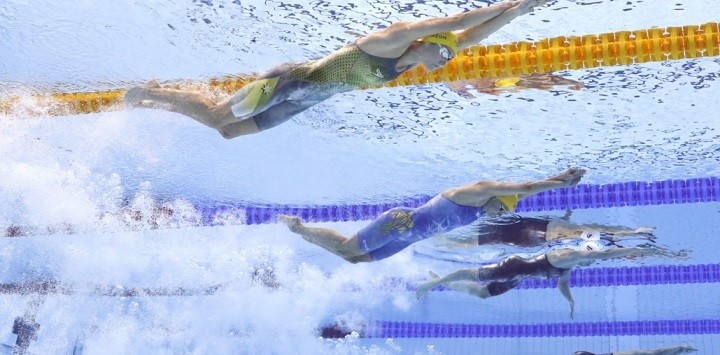 (L-R) Emma McKeon of Team Australia, Sarah Sjoestroem of Team Sweden, Katarzyna Wasick of Team Poland and Ranomi Kromowidjojo of Team Netherlands compete in the Women's 50m Freestyle Final on August 01, 2021 in Tokyo, Japan. (Photo: Getty Images)
