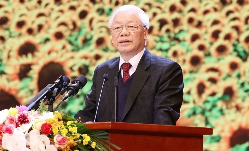 Party General Secretary Nguyen Phu Trong delivers a speech at the ceremony marking the 90th Anniversary of the Founding of the Communist Party of Vietnam. (Photo: VNA) 