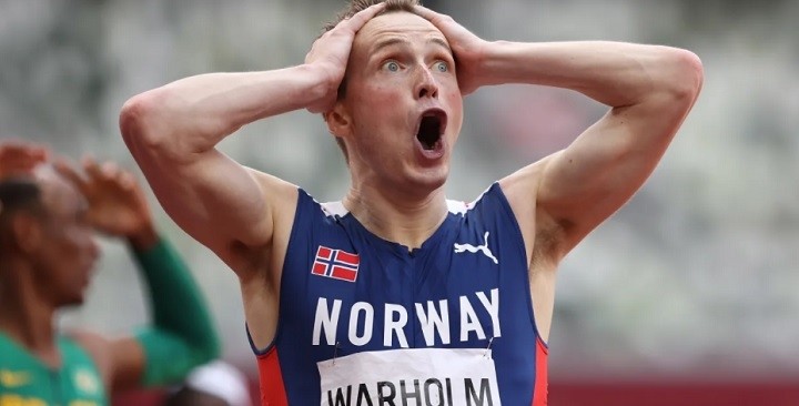Karsten Warholm of Team Norway reacts after winning the gold medal in the Men's 400m Hurdles Final on day eleven of the Tokyo 2020 Olympic Games at Olympic Stadium on August 3, 2021 in Tokyo, Japan. (Photo: Getty Images)