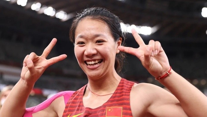 Shiying Liu of Team China celebrates after winning the gold medal in the Women's Javelin Throw Final on day fourteen of the Tokyo 2020 Olympic Games at Olympic Stadium in Tokyo, Japan on August 6, 2021. (Photo: Getty Images)