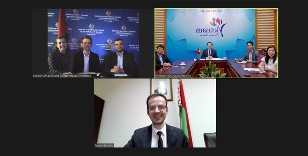Representatives from Belarus’s Embassy in Hanoi and Ministry of Sports and Tourism, and the Vietnam National Administration of Tourism (VNAT) gather in a webinar to discuss potential cooperation in tourism between the two countries. (Photo: titc.vn)