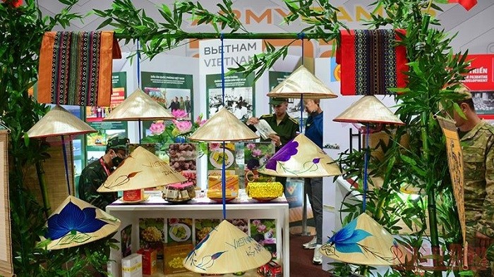 The stall of the Vietnamese team decorated with conical hats