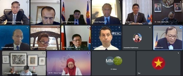 Participants at virtual Interface between the Committee of Permanent Representatives to ASEAN (CPR) and the United Nations Delegation (Source: VNA)