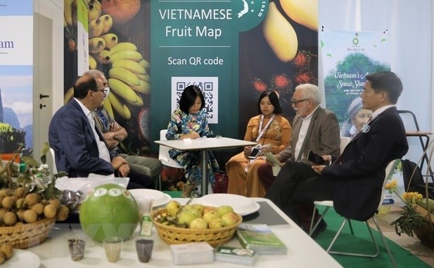 Vietnamese typical fruits such as grapefruit, avocado, longan, persimmon, mango... along with Vietnamese tea and coffee brands have attracted a large number of visitors. (Photo: VNA)